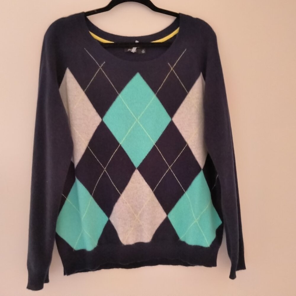 APT9 Blue Gray Argyle 100% Cashmere Sweater Size XL long sleeve